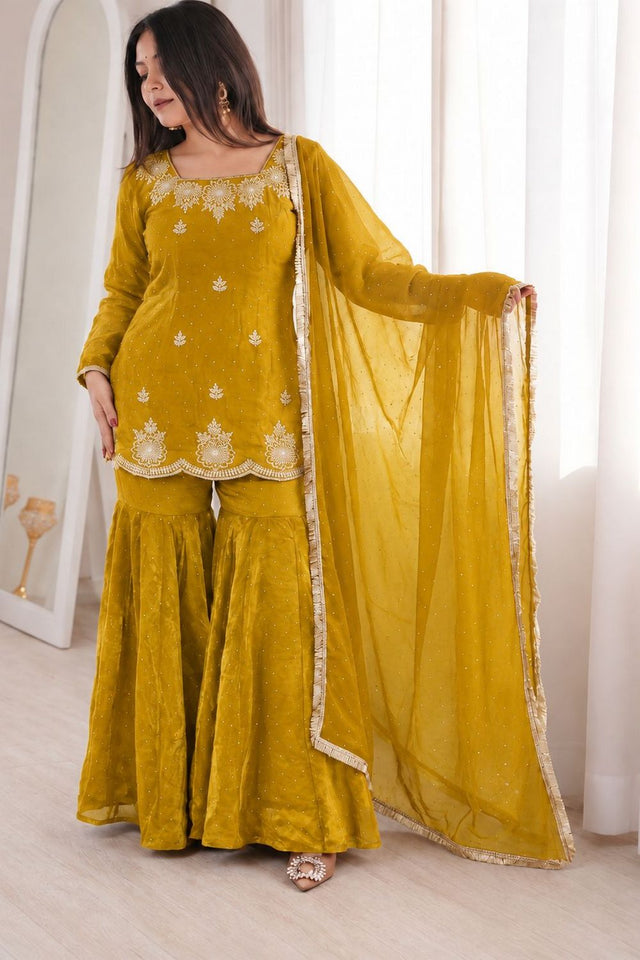 Mustard Floral Embroidered Silk Sharara Suit (ACB1849)