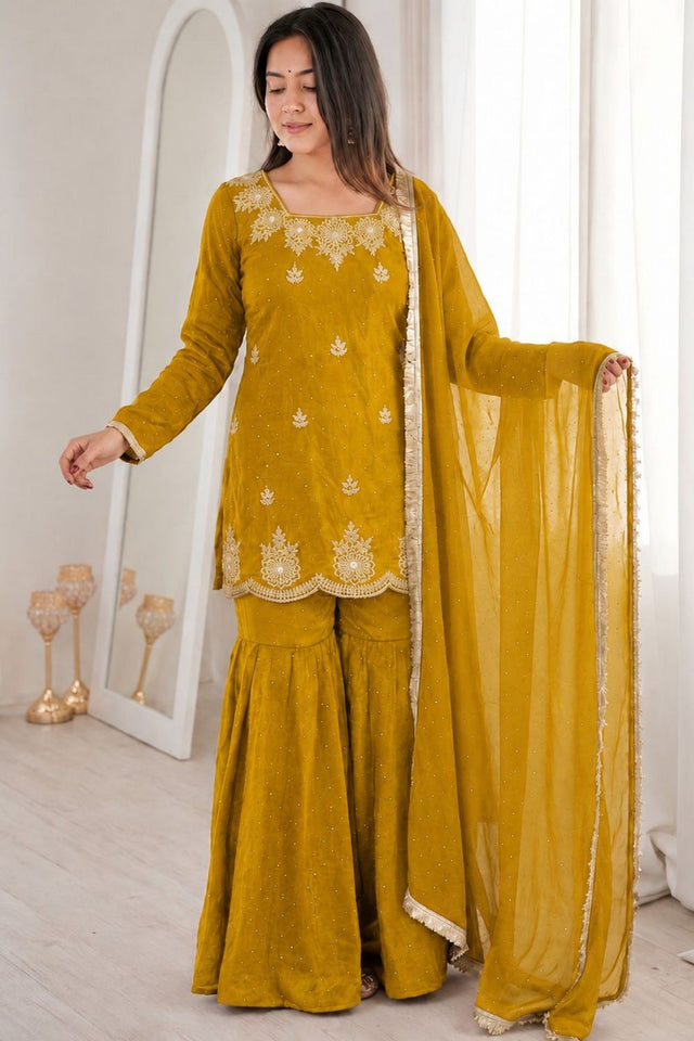 Mustard Floral Embroidered Silk Sharara Suit (ACB1849)