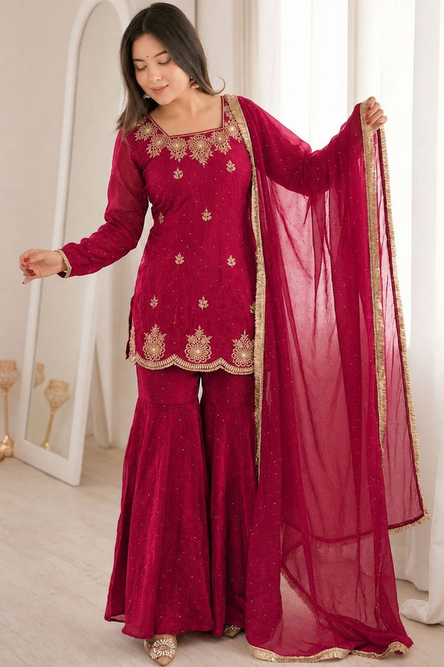 Pink Floral Embroidered Silk Sharara Suit (ACB1850)