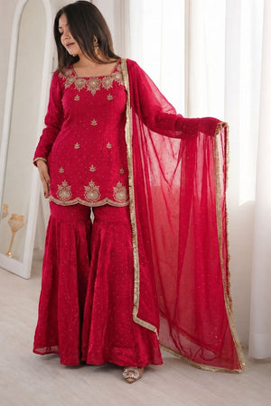 Pink Floral Embroidered Silk Sharara Suit (ACB1850)