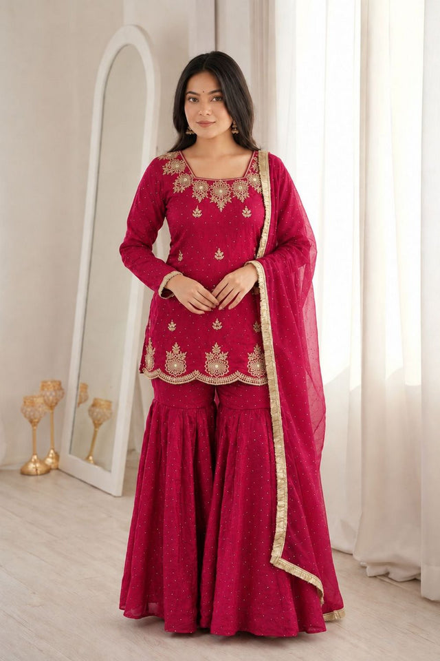 Pink Floral Embroidered Silk Sharara Suit (ACB1850)