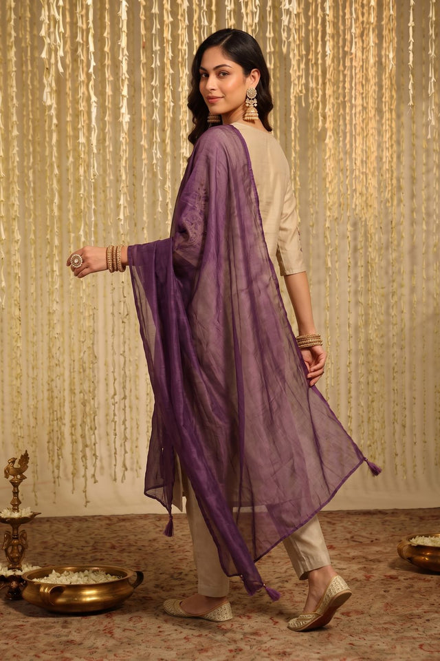 Beige Embroidered Chanderi Straight Cut Suit (ACB1851)