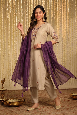 Beige Embroidered Chanderi Straight Cut Suit (ACB1851)