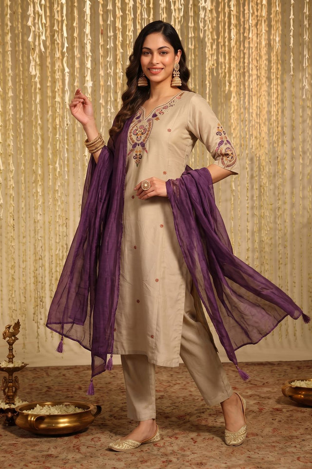 Beige Embroidered Chanderi Straight Cut Suit (ACB1851)