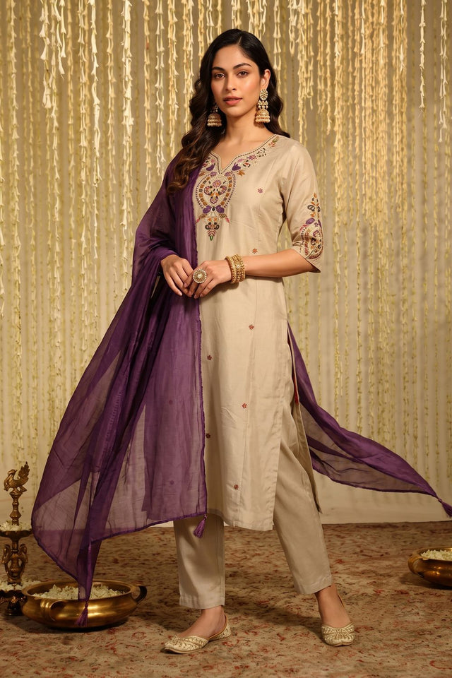 Beige Embroidered Chanderi Straight Cut Suit (ACB1851)
