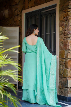 Turquoise Foil Work Chinon Palazzo Suit (ACB1852)