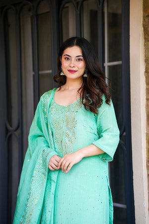 Turquoise Foil Work Chinon Palazzo Suit (ACB1852)