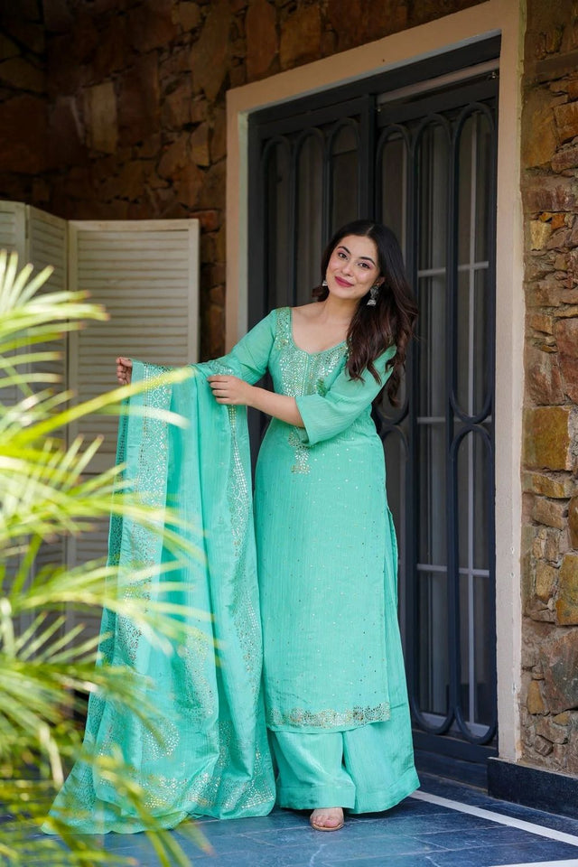Turquoise Foil Work Chinon Palazzo Suit (ACB1852)