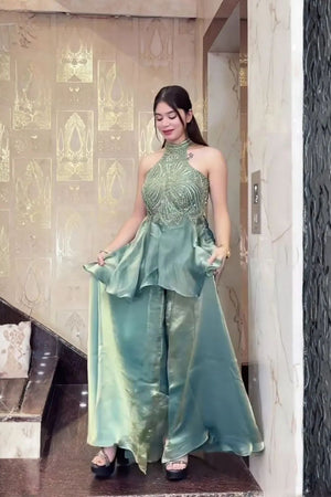 Blue Heavy Embroidered Silk Palazzo Suit (ACB1854)