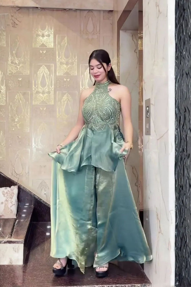 Blue Heavy Embroidered Silk Palazzo Suit (ACB1854)