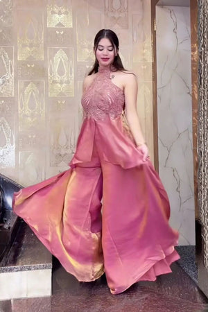 Pink Heavy Embroidered Silk Palazzo Suit (ACB1855)