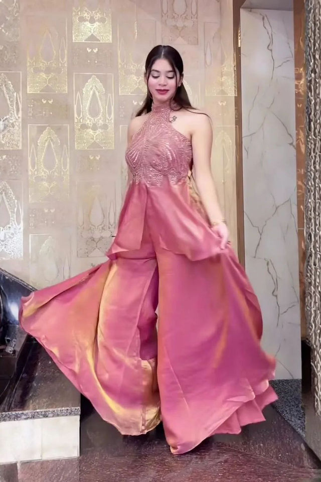 Pink Heavy Embroidered Silk Palazzo Suit (ACB1855)