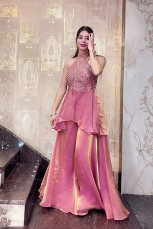 Pink Heavy Embroidered Silk Palazzo Suit (ACB1855)