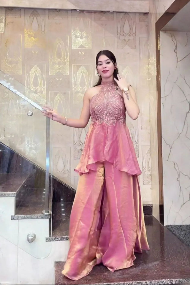 Pink Heavy Embroidered Silk Palazzo Suit (ACB1855)