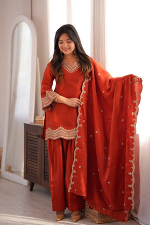 Orange Sequin with Embroidered Silk Palazzo Suit (ACB1856)