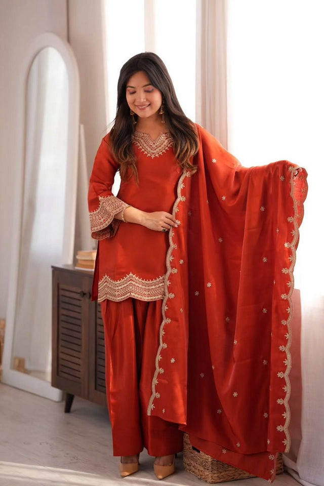 Orange Sequin with Embroidered Silk Palazzo Suit (ACB1856)