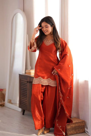 Orange Sequin with Embroidered Silk Palazzo Suit (ACB1856)
