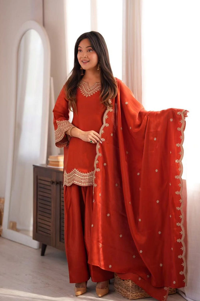 Orange Sequin with Embroidered Silk Palazzo Suit (ACB1856)