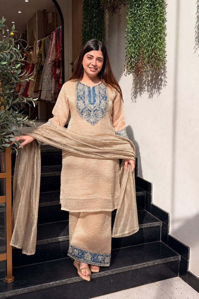 Cream Embroidered Tissue Palazzo Suit (ACB1857)