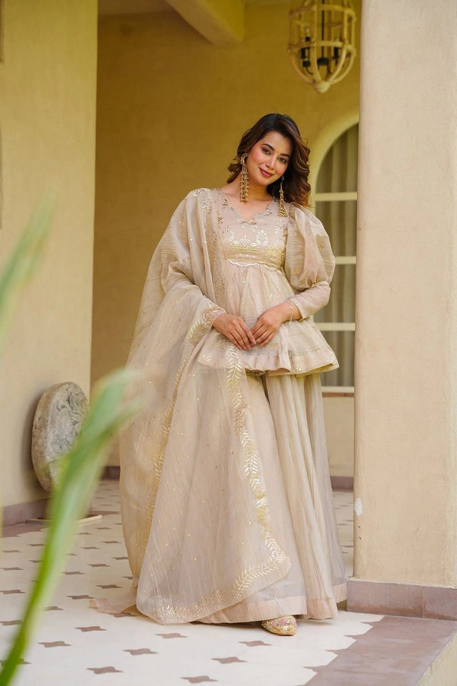 Cream Foil Work Tissue Sharara Suit (ACB1858)