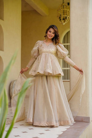 Cream Foil Work Tissue Sharara Suit (ACB1858)