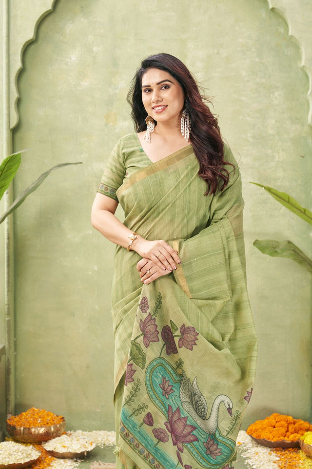 Green Woven Cotton Saree (ACB1875)