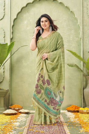 Green Woven Cotton Saree (ACB1875)