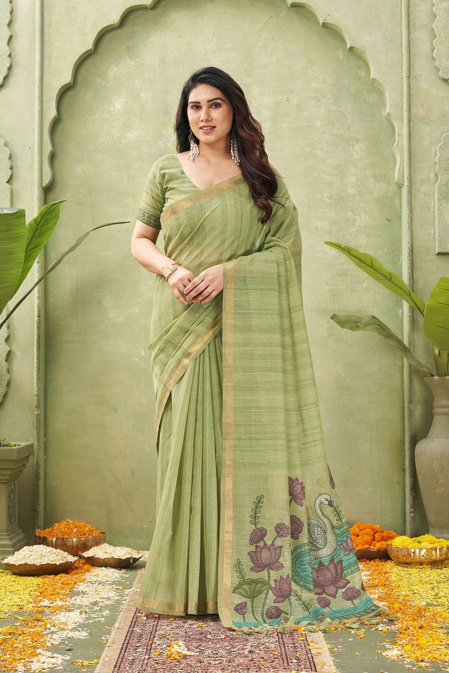 Green Woven Cotton Saree (ACB1875)