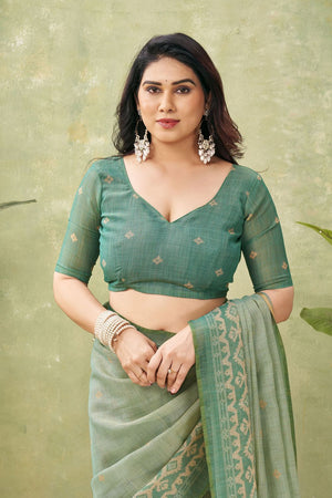 Green Ikat Printed Linen Saree (ACB1884)