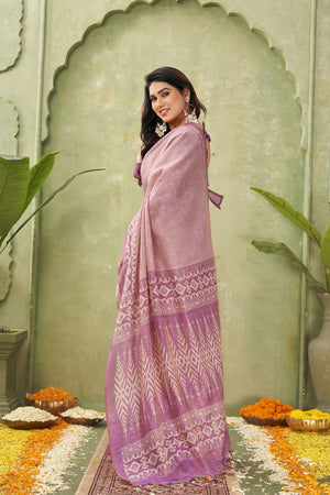 Pink Ikat Printed Linen Saree (ACB1885)