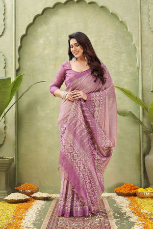 Pink Ikat Printed Linen Saree (ACB1885)