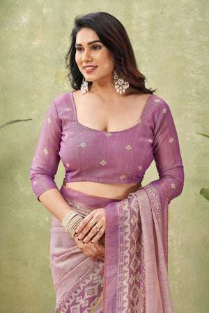 Pink Ikat Printed Linen Saree (ACB1885)
