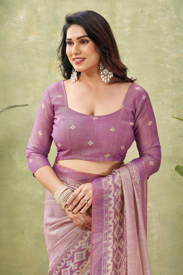 Pink Ikat Printed Linen Saree (ACB1885)