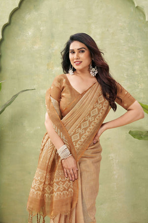 Orange Ikat Printed Linen Saree (ACB1886)