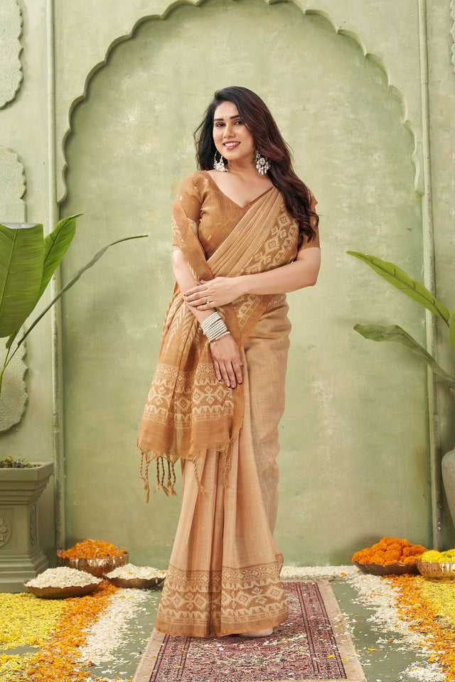 Orange Ikat Printed Linen Saree (ACB1886)