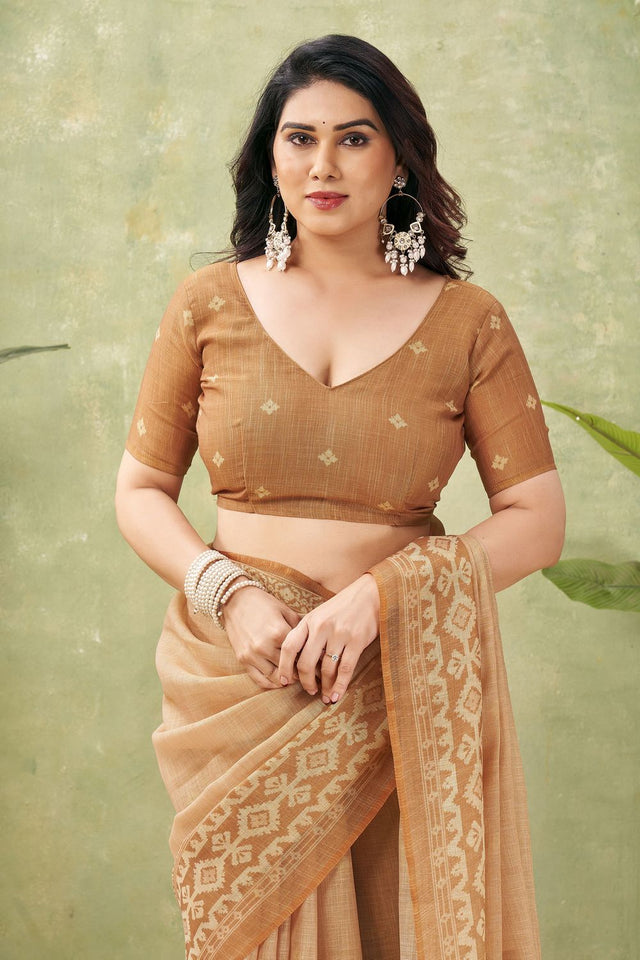 Orange Ikat Printed Linen Saree (ACB1886)