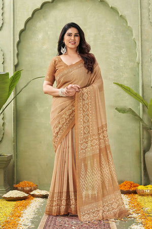 Orange Ikat Printed Linen Saree (ACB1886)