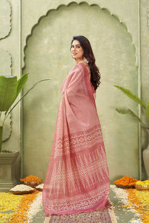 Pink Ikat Printed Linen Saree (ACB1887)