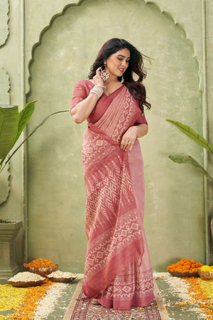 Pink Ikat Printed Linen Saree (ACB1887)