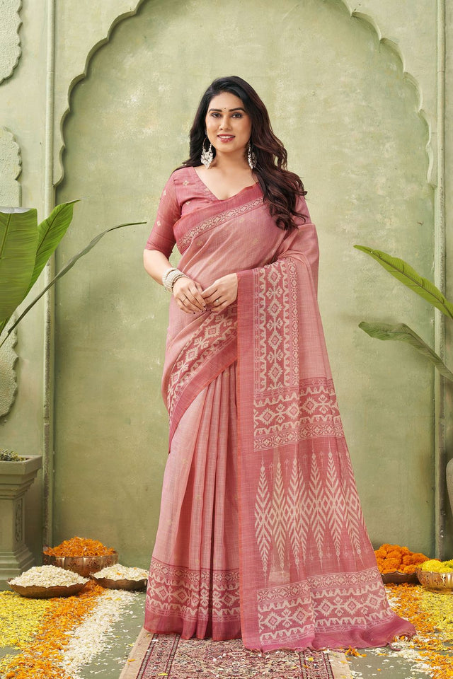 Pink Ikat Printed Linen Saree (ACB1887)