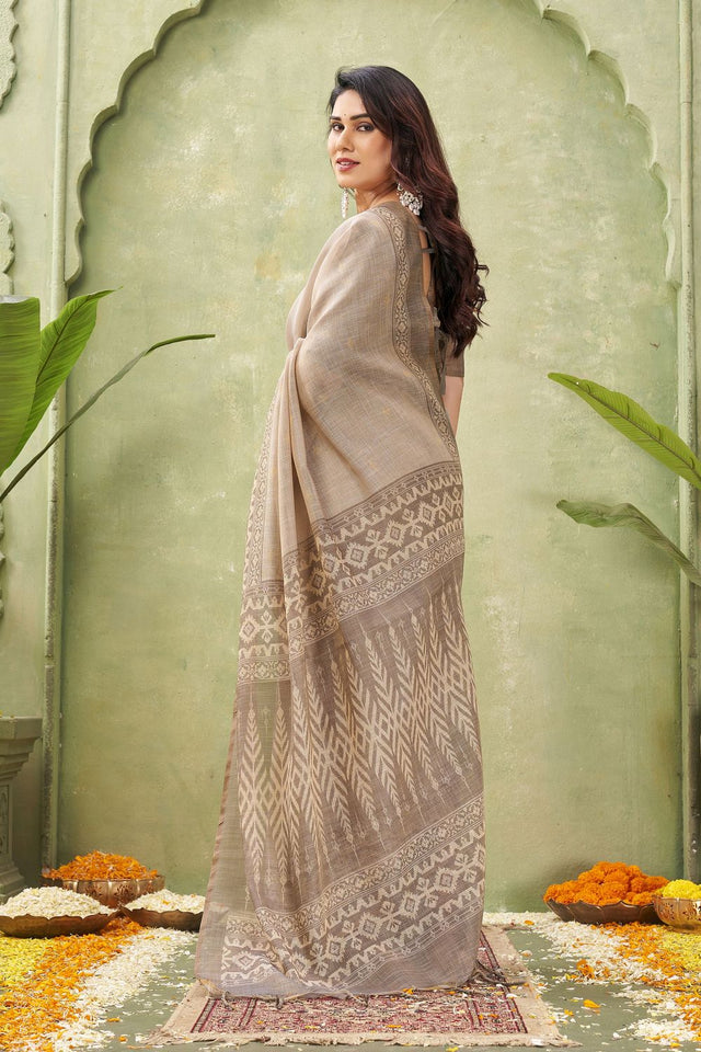 Grey Ikat Printed Linen Saree (ACB1888)