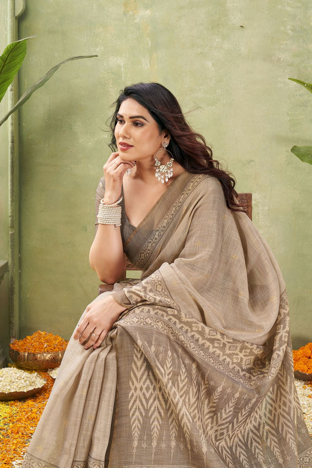 Grey Ikat Printed Linen Saree (ACB1888)