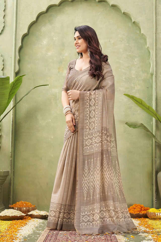 Grey Ikat Printed Linen Saree (ACB1888)