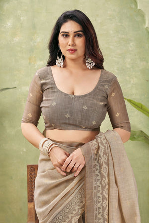 Grey Ikat Printed Linen Saree (ACB1888)