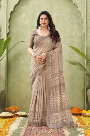 Grey Ikat Printed Linen Saree (ACB1888)