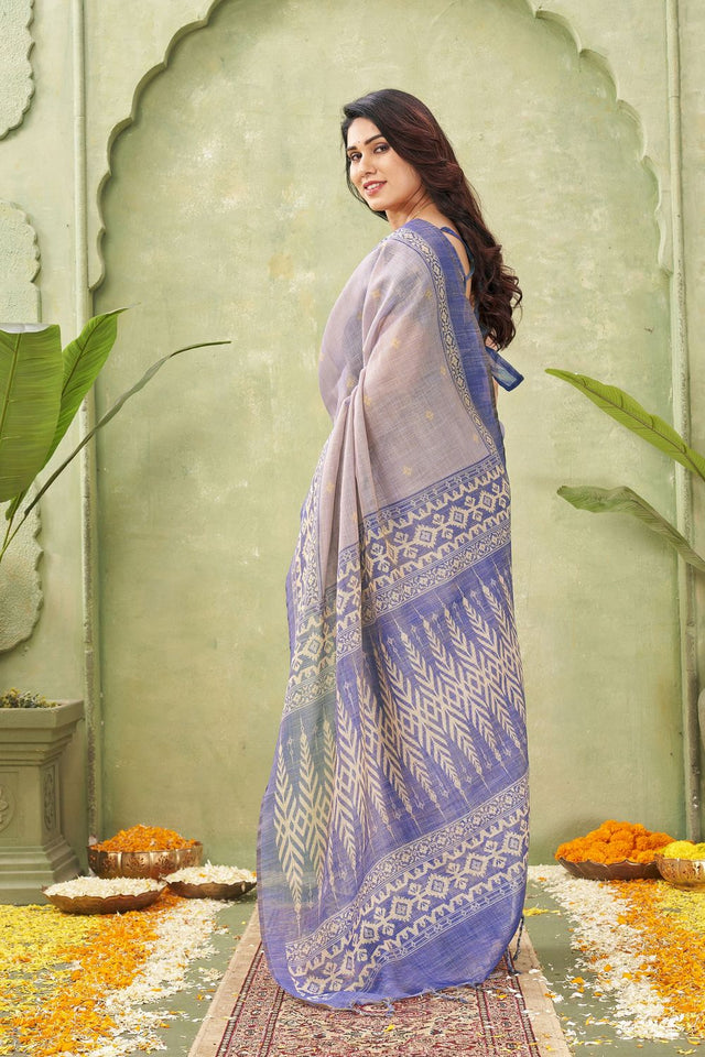 Blue Ikat Printed Linen Saree (ACB1889)