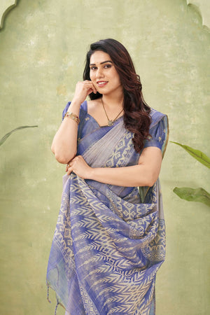 Blue Ikat Printed Linen Saree (ACB1889)