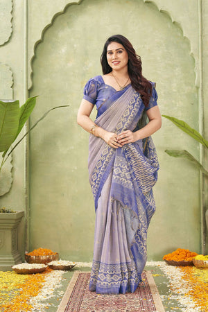 Blue Ikat Printed Linen Saree (ACB1889)