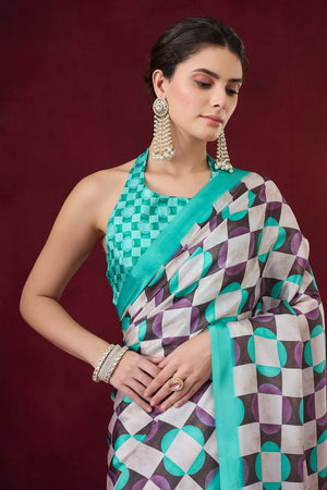 Sea Green Geometric Printed Satin Ready to Wear Saree (ACB1890)