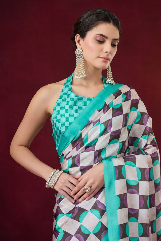 Sea Green Geometric Printed Satin Ready to Wear Saree (ACB1890)